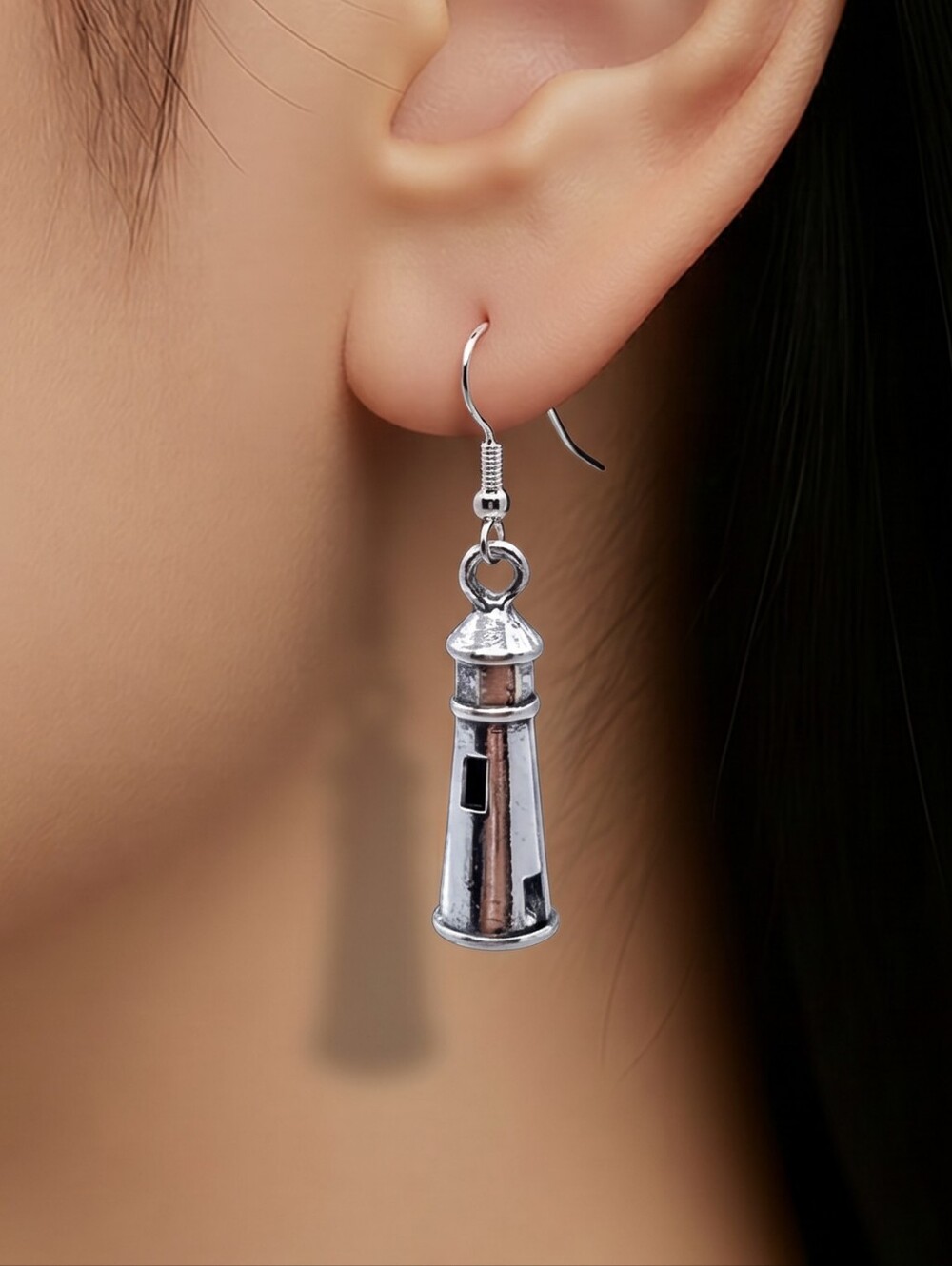 Lighthouse Earrings Silver 3D Dangle Coastal Nautical Beach Maine Maritime Gift